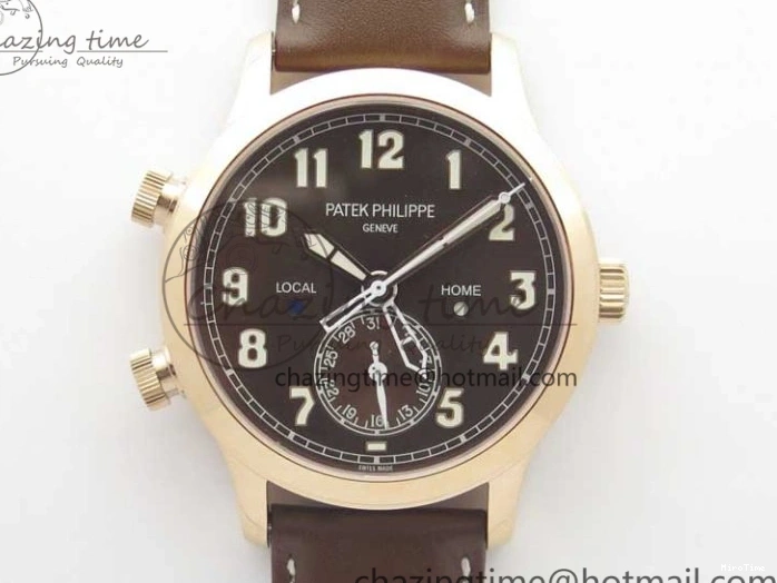 MIROTIME 1219 Calatrava 5524R Pilot Travel Time RG GRF Brown Dial on Brown Leather Strap MIYOTA TopPick 7155